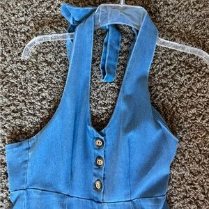 Blue Halter Button-Front Bodysuit